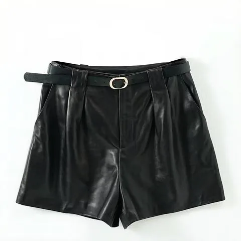 Women's genuine leather outerwear - Women's High Waist Loose Sheepskin Leather Five-Point Shor | OurHomly