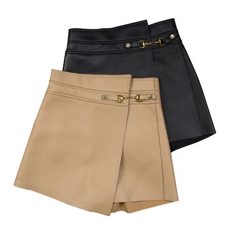 Women's genuine leather outerwear - Solid Color High Waist Wide Leg Shorts Real Sheepskin Fash | OurHomly