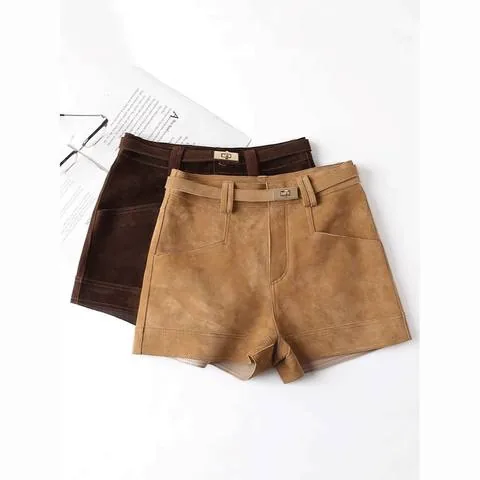 Women's genuine leather outerwear - HN6601 Vintage Goat Leather Suede Texture Shorts Genuine L | OurHomly