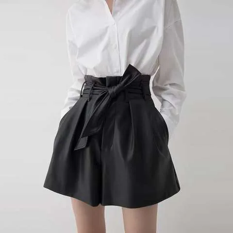 Women's genuine leather pants - Summer Women's High Waist Genuine Sheepskin Shorts Women H | OurHomly