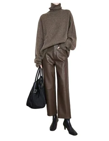 Women's genuine leather pants - Winter Fall New Trendy Ladies Straight High Waist Plain Ca | OurHomly