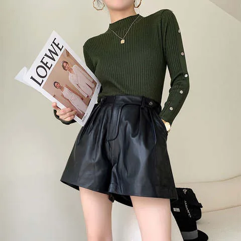Women's genuine leather pants - New Arrival Elastic Waist Leather Wide Leg Shorts Real She | OurHomly