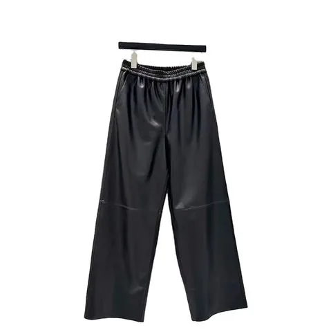 Women's genuine leather pants - New Fashion Female Leather Trousers Elastic Waist Loose Bl | OurHomly