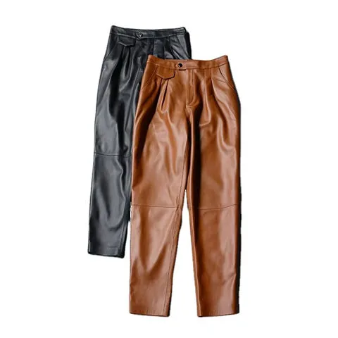 Women's genuine leather pants - High Waist Lambskin Narrow Leg Awl Pants With Pocket Hot D | OurHomly