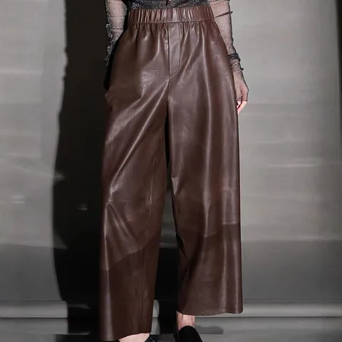 Women's genuine leather pants - Casual High Waist Straight-leg Stretch Ninth Pants Ultra-t | OurHomly
