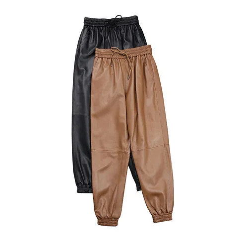 Women's genuine leather pants - New Fashion Athflow Versatile Elastic Waist Lambskin Loose | OurHomly