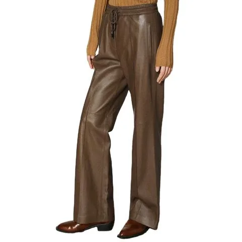 Women's genuine leather pants - Hot Sale Wide Leg Leather Pants Elastic Waist Long Plain R | OurHomly