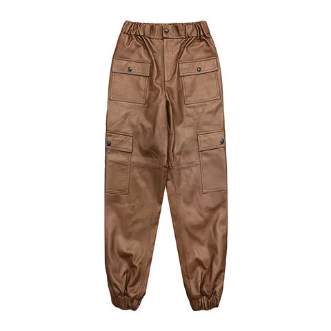 Women's genuine leather pants - New Fashion Lambskin Elastic Waist Pocket Pants Cargo Pant | OurHomly