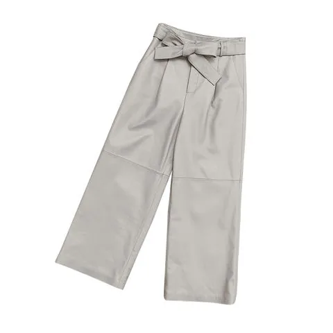 Women's genuine leather pants - French Chic Sheep-skin Wide Leg Trousers With Bow Belt Gen | OurHomly