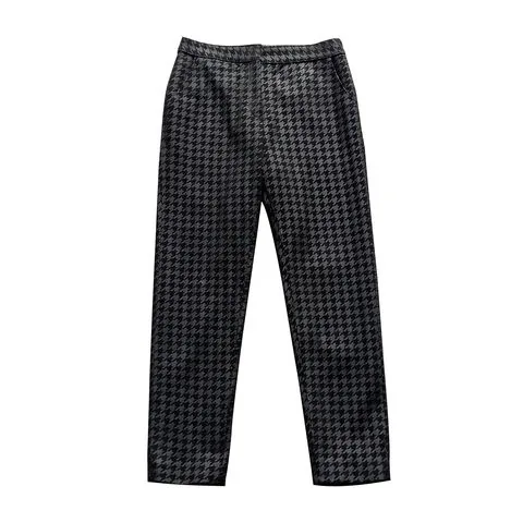 Women's genuine leather pants - Commute Houndstooth Printed Sheepskin Ladies ' Trousers Ge | OurHomly