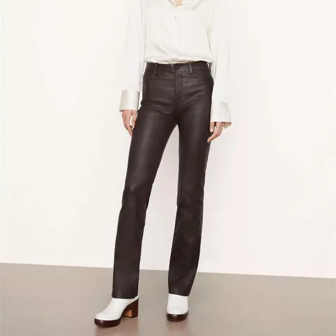 Women's genuine leather pants - New Trendy Ladies Real Leather Trouser Mid Waist Straight | OurHomly