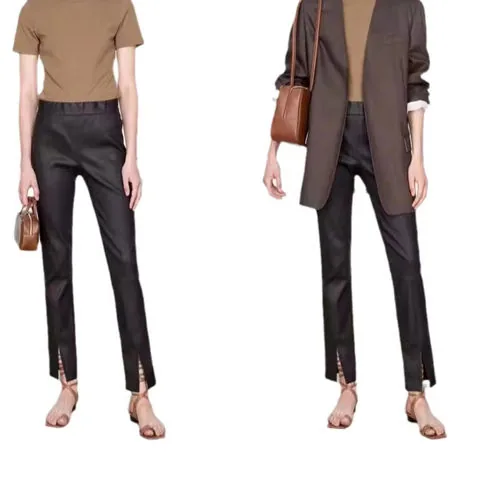 Women's genuine leather pants - New Style Custom Street Wear Straight Slim Front Slit Blac | OurHomly
