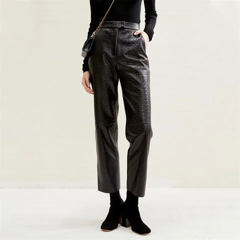 Women's genuine leather pants - Hot Sell Fashion Straight Leg Leather Pants High Waisted C | OurHomly