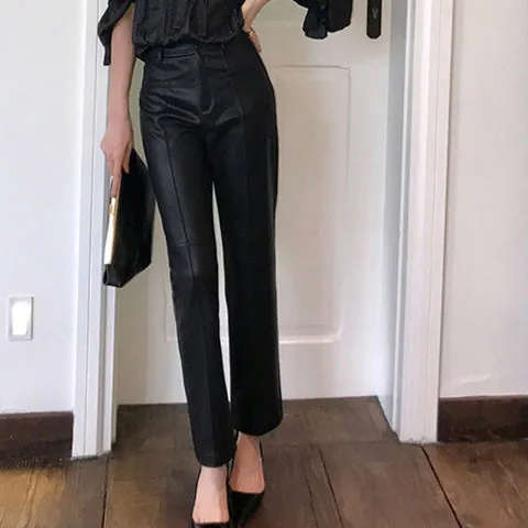 Women's genuine leather pants - Mid-rise Vertical Stripe Casual Slim Fitting Straight Leg | OurHomly
