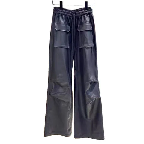 Women's genuine leather pants - Latest Design Popular Mid Waist Loose Black Straight Genui | OurHomly