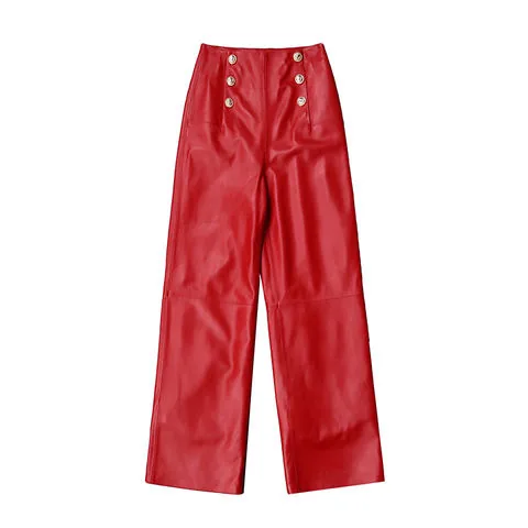 Women's genuine leather pants - New Golden Buttons High Waist Straight Leg Pants Women Gen | OurHomly