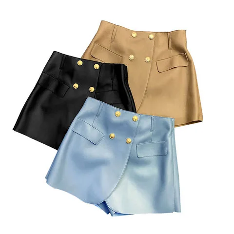Women's genuine leather pants - Genuine Sheepskin Golden Button Women Culotte Street Wear | OurHomly