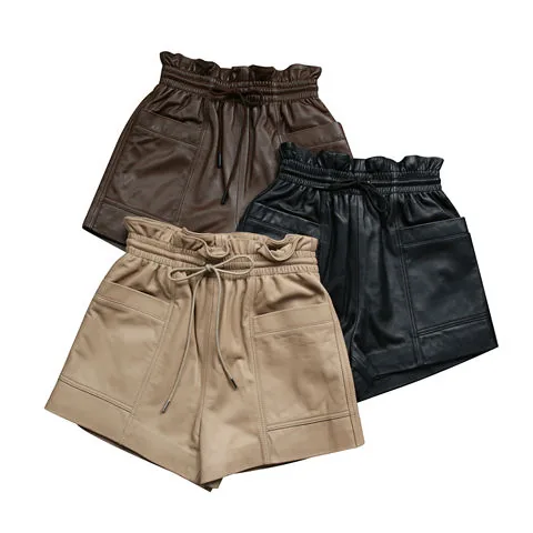 Women's genuine leather pants - Spring&Autumn Versatile Elastic Waist Lambskin Short Pants | OurHomly