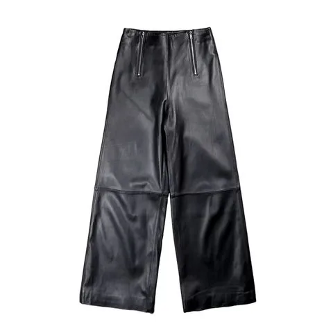 Women's genuine leather pants - High Quality Classic Ladies Wide Leg Black Real Sheepskin | OurHomly