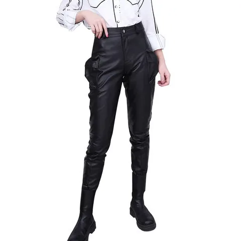 Women's genuine leather pants - Cool Fashion Lambskin Pocket Skinny Leg Pants Cargo Pants | OurHomly