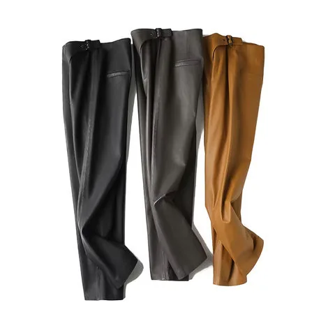 Women's genuine leather pants - Wholesale Ladies Leather Trouser Fashionable Side Button B | OurHomly