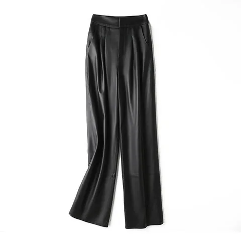 Women's genuine leather pants - Fashionable Black Straight Style Wide Leg Loose Casual Rea | OurHomly