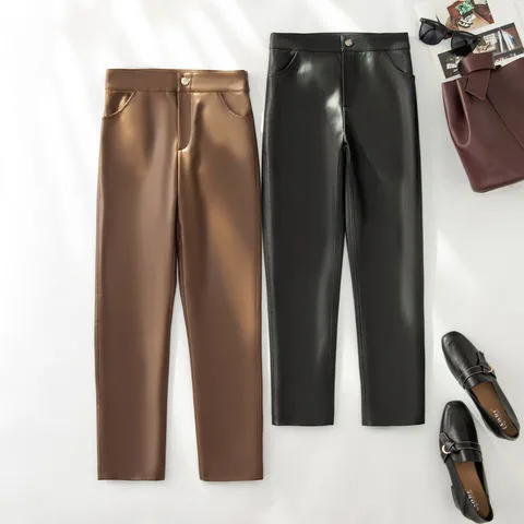 Women's genuine leather pants - High Quality Ladies Leather Trousers Solid Color Long Casu | OurHomly