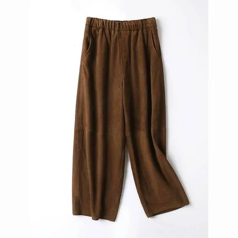 Women's genuine leather pants - HN3661-3 Women's Lambskin Suede Relaxed Wide-Leg Carrot Pa | OurHomly