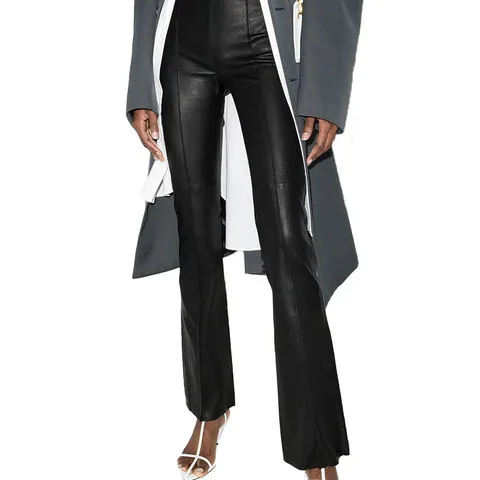 Women's genuine leather pants - Latest Design Solid Color Elastic Real Sheepskin Long Flar | OurHomly
