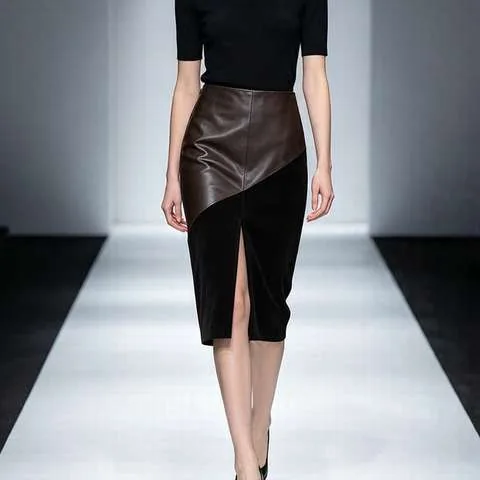 Women's genuine leather skirt - HN2093 Micro Stretch Spliced Suede Front Slit Back Elastic | OurHomly