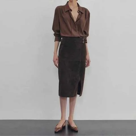 Women's genuine leather skirt - Fall Winter New Women Elegant Commuter Style High Waist Sl | OurHomly