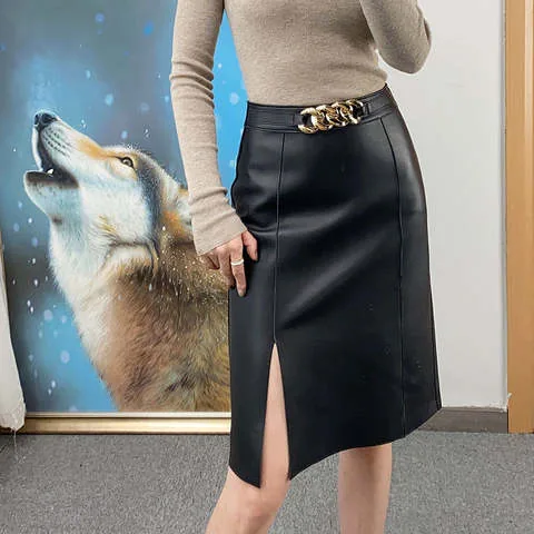 Women's genuine leather skirt - Ins Hot Colorful Sexy High Slit Genuine Leather Skirt High | OurHomly