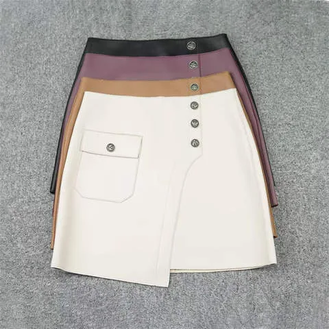 Women's genuine leather skirt - Fashionable Hot Sale Splice Pocket Button Mini Asymmetrica | OurHomly