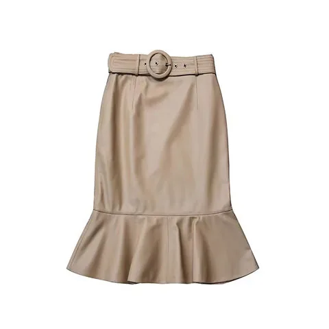 Women's genuine leather skirt - Fashion Commuter Lady's Round High Waist Sheepskin Skirt B | OurHomly