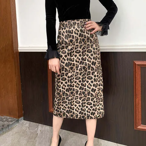 Women's genuine leather skirt - New Fashion Sheepskin Long Skirt High Waist Leopard Print | OurHomly