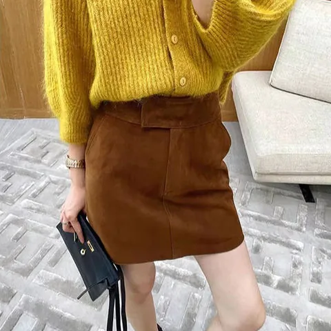Women's genuine leather skirt - Wholesale Winter High Waist Short Brown Genuine Sheep Sued | OurHomly