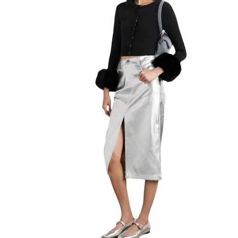 Women's genuine leather skirt - Spring New Design Light Gray Slim Casual Long Leather Skir | OurHomly