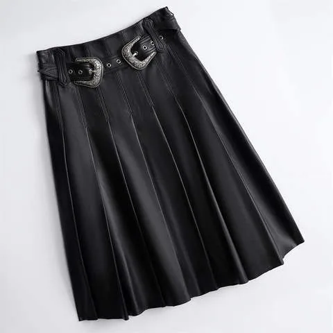 Women's genuine leather skirt - Fashion High Quality Elegant A-Line High Waist Black Pleat | OurHomly