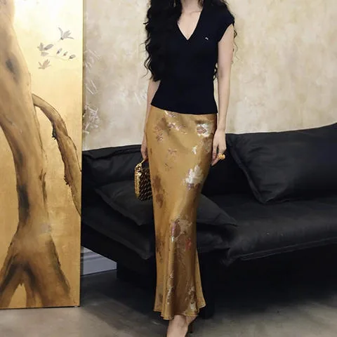 Women's genuine leather skirt - Chinese Style Flower Pattern Print Slightly Elastic Satin | OurHomly