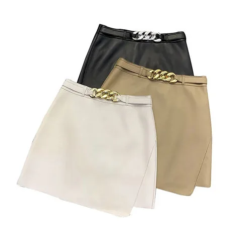 Women's genuine leather skirt - Fashion Simple and Versatile Metal Chain High Waist Asymme | OurHomly