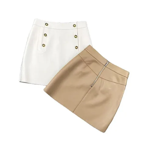 Women's genuine leather skirt - Popular Custom Double Row Metal Button Buttonhole Short Sh | OurHomly