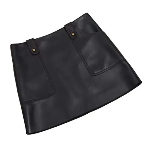 Women's genuine leather skirt - Spring Summer Black Dual Pocket Women A-Line Highwaist Gen | OurHomly