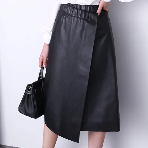Women's genuine leather skirt - French Chic Asymmetrical Knee Length Wrap Skirt Layer Shee | OurHomly