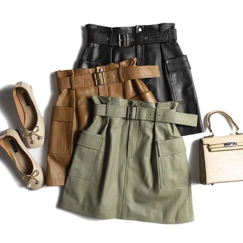 Women's genuine leather skirt - Ins Hot Style High Waist Sheepskin Short Skirt Street Fash | OurHomly