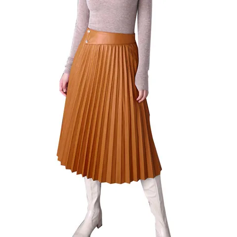 Women's genuine leather skirt - New Fashion High Girdle Sheepskin Long Skirt Large Swing G | OurHomly