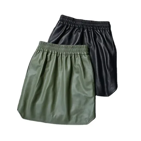 Women's genuine leather skirt - Custom Streetwear Skirts Green Elastic Waist Casual Genuin | OurHomly
