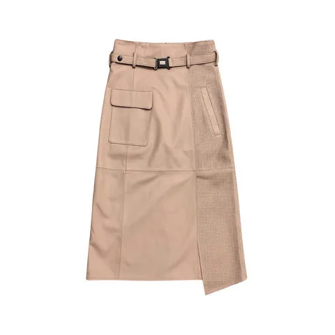 Women's genuine leather skirt - Fashion Cargo High Waist Sheepskin Long Skirt Leisure Fork | OurHomly