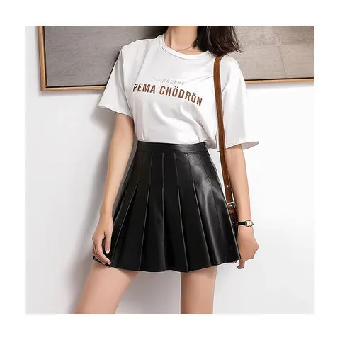 Women's genuine leather skirt - Sample Available Black High Waist Pleated a Line Genuine L | OurHomly