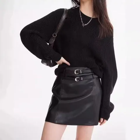 Women's genuine leather skirt - Fashion Design Solid Color Slim Elegant Dual Belt Real Lea | OurHomly