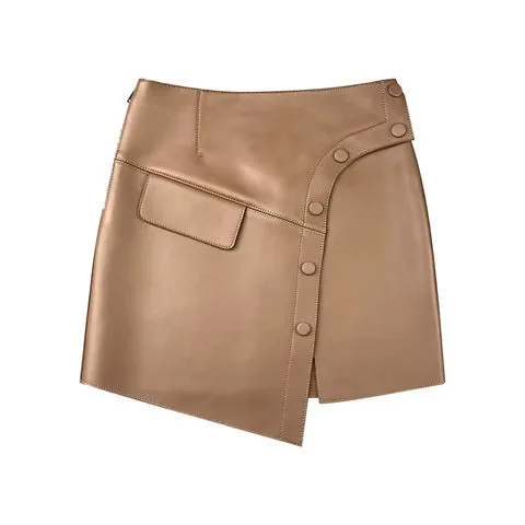 Women's genuine leather skirt - Autumn and Winter New Versatile Asymmetrical Buttons Custo | OurHomly
